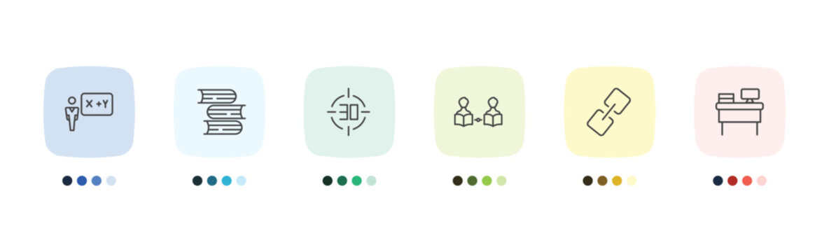 distance learning icon set with teacher giving lecture, stack of books, links, workspace signs in flat outline style