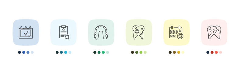 dental health icon set with examination, medical list, dental appointment, dental plaque signs in flat outline style © Abstract