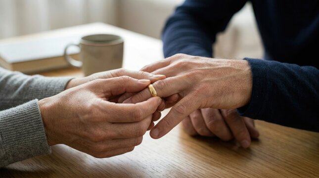 Close up of hands examining a gold wedding ring symbolizing commitment partnership and a significant life decision between two adults