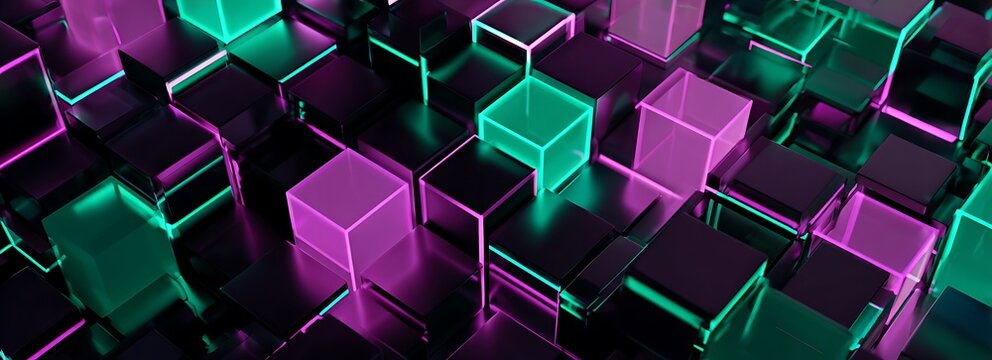 A futuristic abstract pattern with glowing neon cubes in shades of purple and green. The cubes are arranged in a complex, geometric design, creating a sense of depth and digital artistry