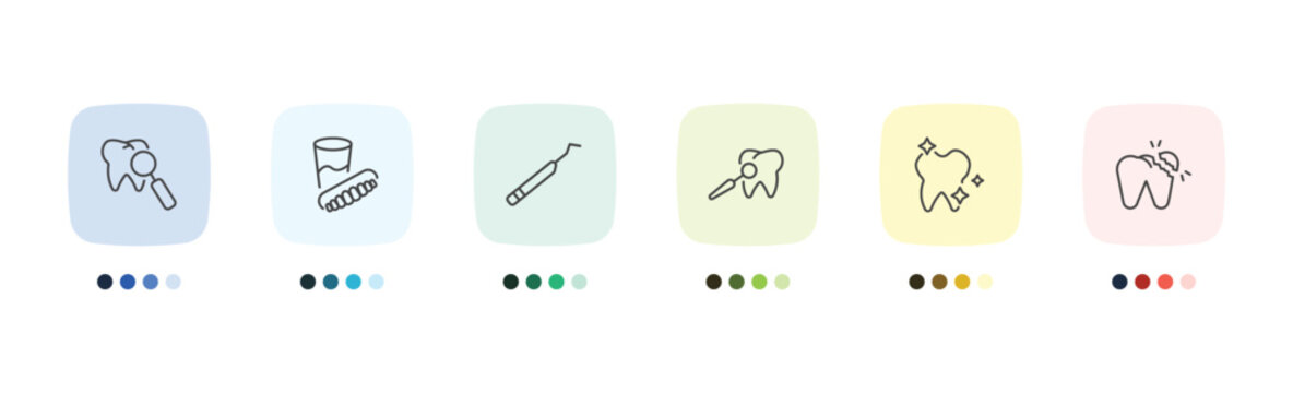 dental health icon set with check up, denture, shiny tooth, broken tooth signs in flat outline style
