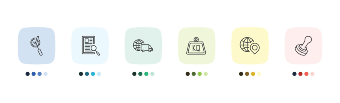 delivery and logistics icon set with inspection, waybill, distribution, stamp signs in flat outline style
