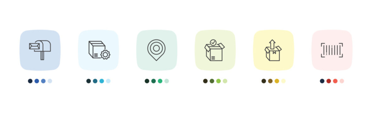 delivery and logistics icon set with postbox, delivery tings, unpacking, barcode signs in flat outline style