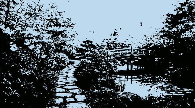 Serene Japanese Garden Path with Stone Walkway and Arch Bridge