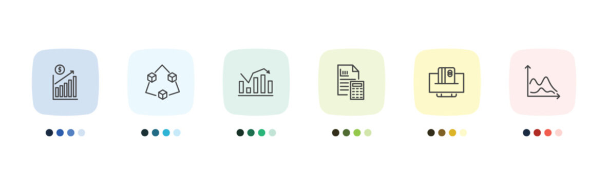 business and analytics icon set with profit chart, connection box chart, online payment, wave chart signs in flat outline style