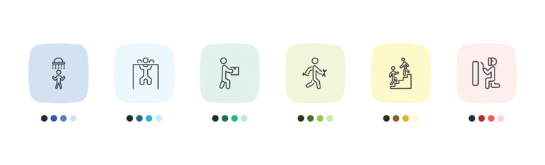 Fototapeta premium behavior and action icon set with man showering, man lifting bar, helping a man to climb, welding signs in flat outline style