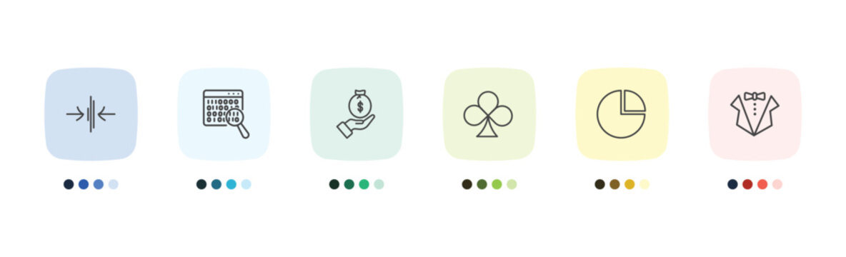 business and analytics icon set with thin, binary data search, infographic elements, dress code signs in flat outline style