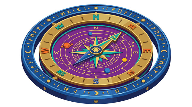 3d celestial rune compass icon featuring planetary orbs and ancient symbols on a vibrant purple and blue background