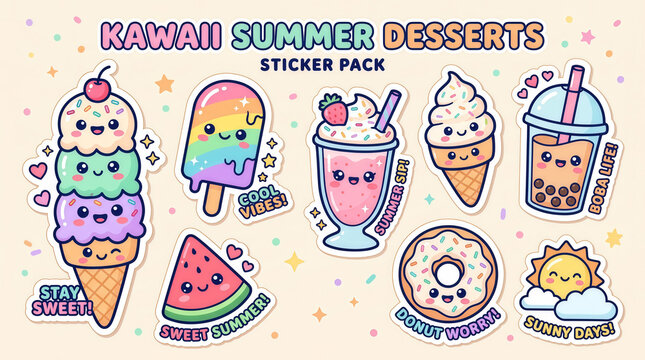 kawaii summer dessert sticker pack vector, ice cream popsicle milkshake characters, pastel palette, thick outline, trendy cute illustration