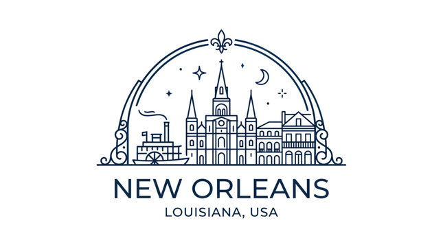 New Orleans Skyline Line Art: French Quarter, Steamboat, Fleur-de-lis Arch