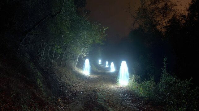 Glowing apparitions in a dark forest at night