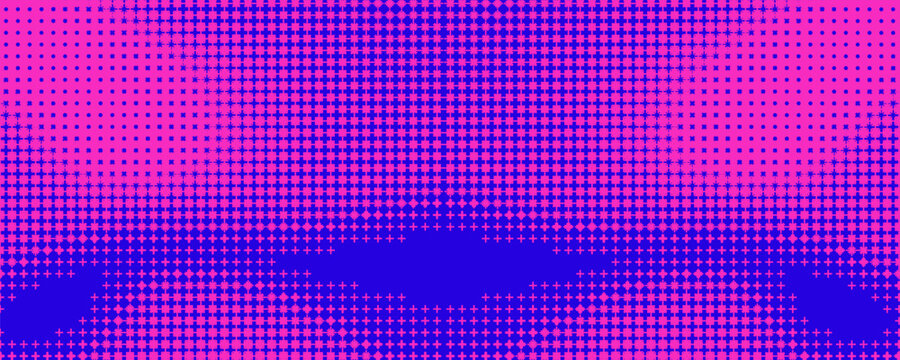 Pixelated bitmap gradient texture. Blue and pink dither pattern background. Abstract glitchy pattern. 8 bit video game screen wallpaper. Wide pixel art retro illustration. Vector backdrop