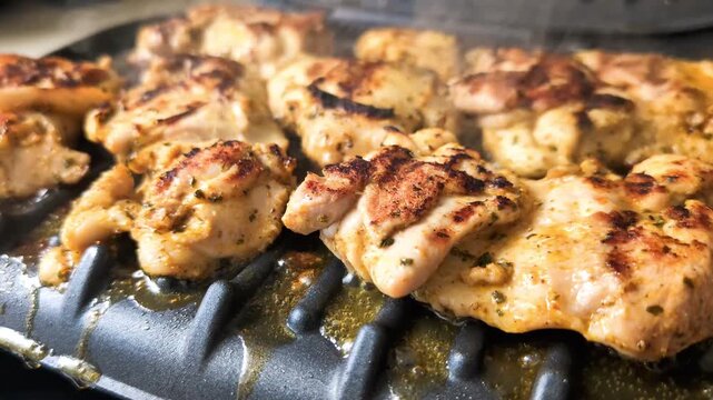 Close up chicken thigh on grill with fat dripping into tray during cooking process.
