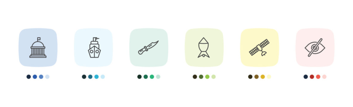 military and war and icon set with federal agency, naval, military satellites, stealth signs in flat outline style