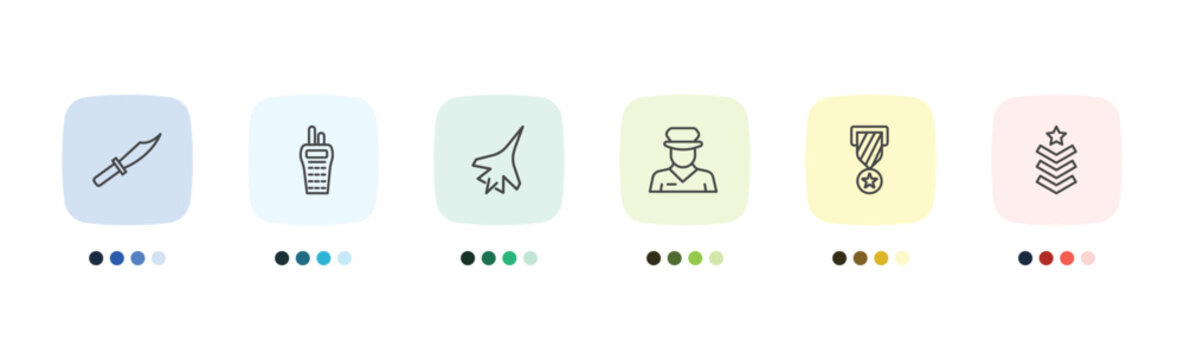 military and war and icon set with knife, militar radio, veteran, chevrons signs in flat outline style