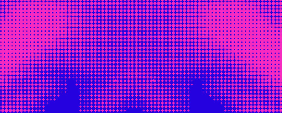 Pixelated bitmap gradient texture. Blue and pink dither pattern background. Abstract glitchy pattern. 8 bit video game screen wallpaper. Wide pixel art retro illustration. Vector backdrop
