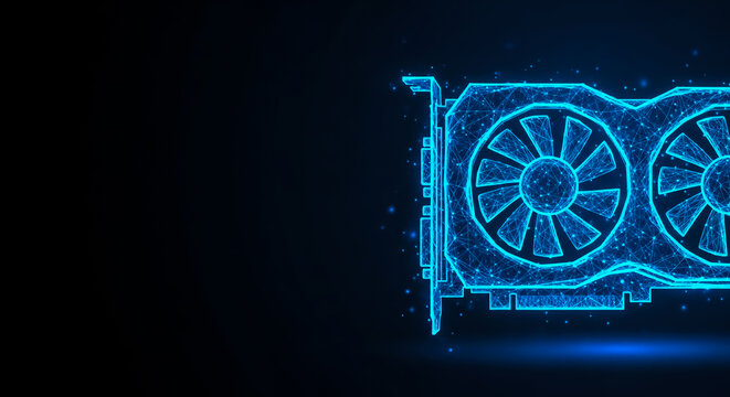 A modern, high-performance GPU with dual cooling fans and blue LED lighting, emphasizing advanced technology.