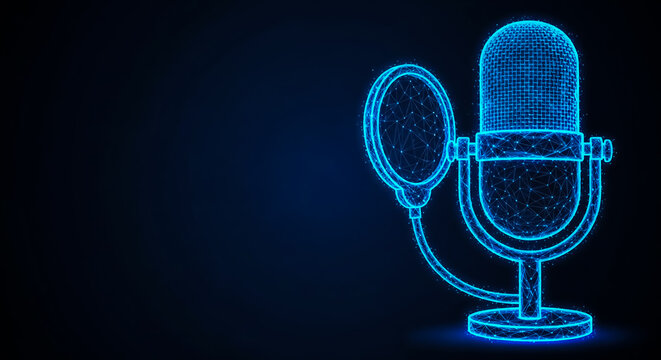 A digital illustration of a glowing blue microphone with a retro design, set against a dark background.