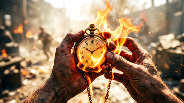 Burning pocket watch, hands holding flame, destruction background, time concept