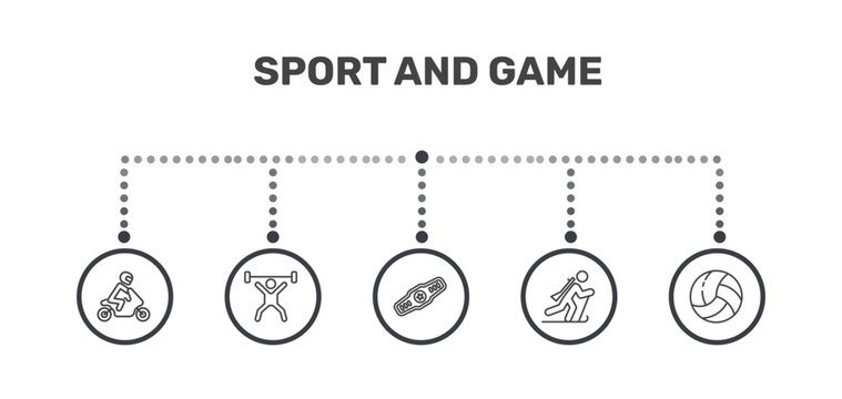sport and game icon set with motorbike riding, weight lifting, biathlon, volleyball ball signs in flat outline style