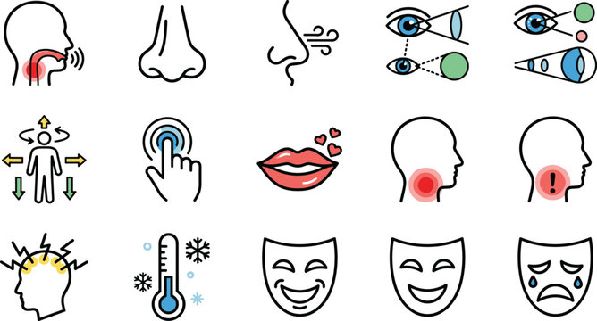 Set of medical and human expression icons for healthcare diagnostics and emotional states.