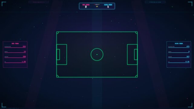 Digital UI interface animation displaying an interactive soccer tactical analysis board. Features animated player positions