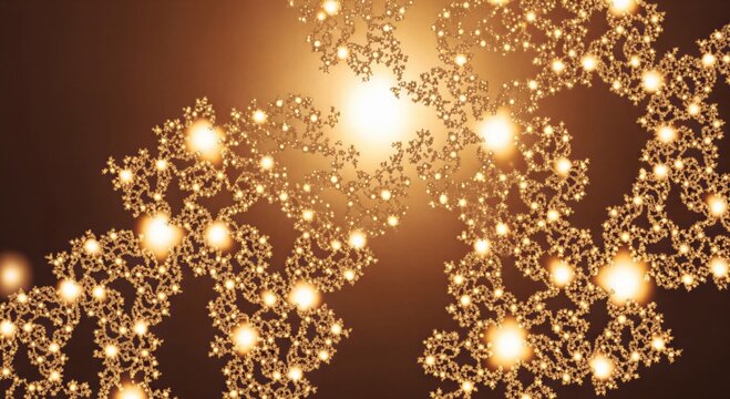 Golden fractal pattern with intricate glowing branches and central light source. Background design for scientific or artistic concepts.