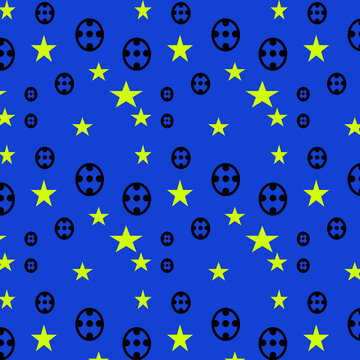 Un patr&oacute;n de varios balones de futbol y estrellas  amarillas en un fondo azul