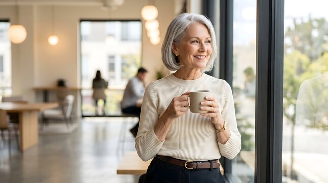 Elegant senior woman with grey hair holding coffee mug looking out bright office window with peaceful smile in a modern business lifestyle concept