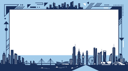 Obraz premium Urban skyline with iconic landmarks and abstract geometric patterns, blue and white color scheme, minimalist design
