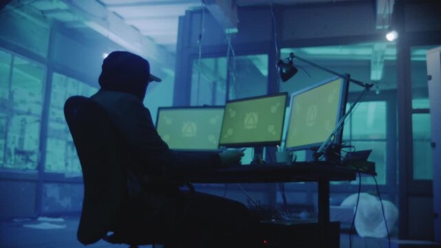 Dangerous Hooded Hacker with Green Mock-up Screen. Multiple Displays, Cables Everywhere. Shot on Arri Alexa Mini Camera.