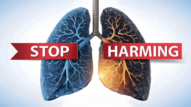 Stop Harming Lungs Awareness Poster Design with Diseased and Healthy Lungs