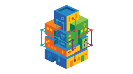 Naklejka premium Isometric smart city building icon featuring interconnected digital network nodes and colorful modular infrastructure