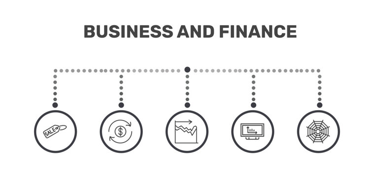 business and finance icon set with sale tag, money convert, bars graphic on screen, spider chart signs in flat outline style