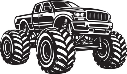 Monster truck vector illustration, off-road pickup truck with giant tires, black and white extreme 4x4 vehicle graphic for t-shirt design © Adnan