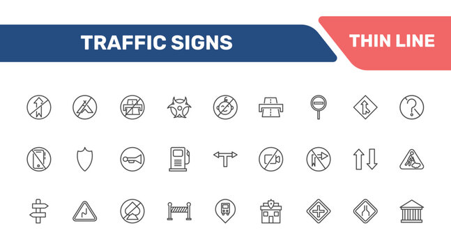 traffic signs icon set with no straight, no camping, end motorway, road work signs in flat outline style