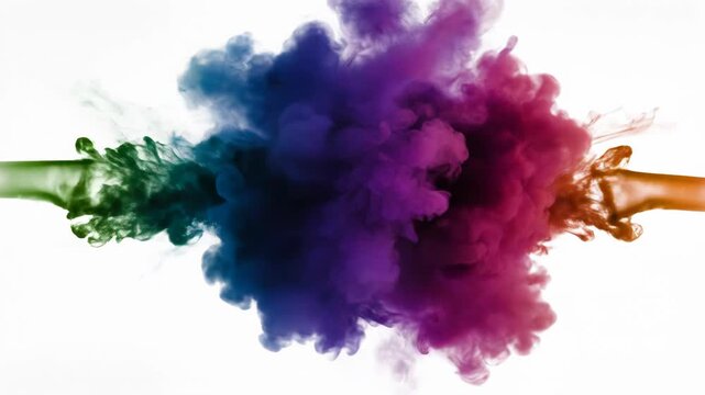 Colorful ink plumes colliding on a white background