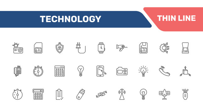technology icon set with camera flash, big, , signs in flat outline