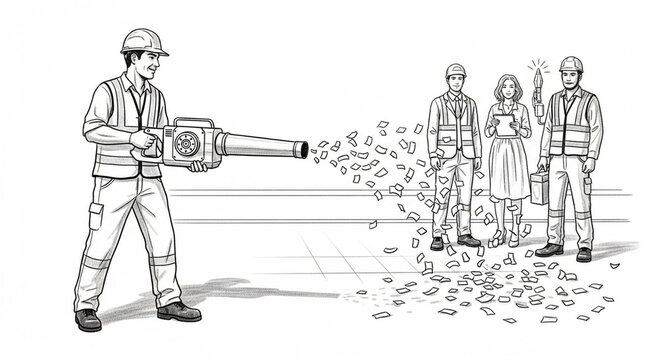 Construction worker using leaf blower on group of pedestrians.