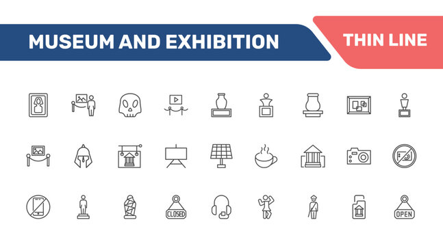 museum and exhibition icon set with el greco, excursion, anthropology, no photo signs in flat outline style