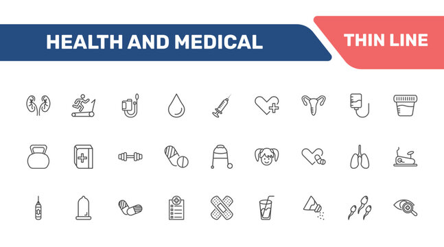 health and medical icon set with urology, treadmill, sphygmomanometer, stationary bike signs in flat outline style