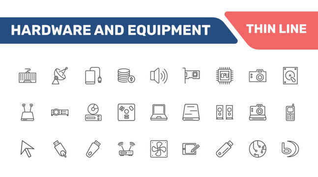 hardware and equipment icon set with keyboard wire, parabolic, external hard drive, keypad phone signs in flat outline style