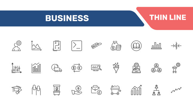 business icon set with man with solutions, wave chart, tactic, woman holding big coin signs in flat outline style