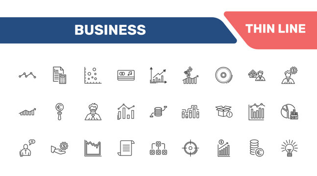 business icon set with graph, accounting, scatter chart, debt signs in flat outline style