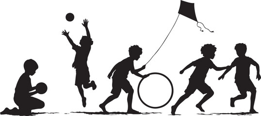 Active children playing silhouette vector set, kids enjoying outdoor summer games and sports, group of boys with ball kite and hoop on white background © Adnan