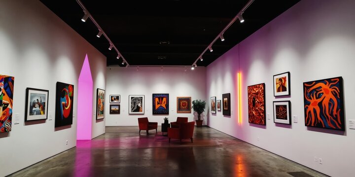 Modern art gallery with eclectic wall paintings, neon lights creating vibrant display. White walls showcase colorful abstract artworks, framed pictures in spacious exhibition hall with concrete