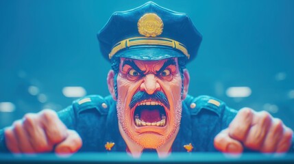 Naklejka premium An angry cop yells at the camera, an angry security guard interrogates a thief at a negotiating table. High quality
