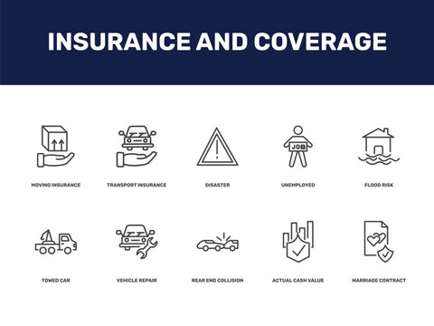 insurance and coverage icon set with moving insurance, transport insurance, disaster, unemployed signs in flat outline style