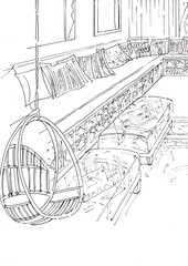 Fototapeta premium Hand drawn black and white interior sketch of a lounge in pen and ink.