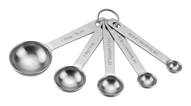 A set of stainless steel measuring spoons on a ring, showing various common measurements like 1 Tbsp / 15 ml and 1/4 tsp